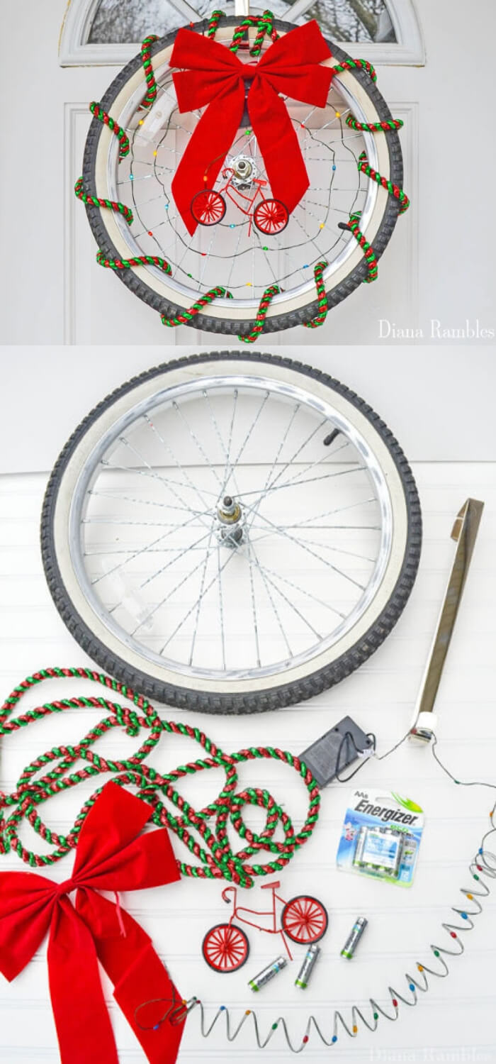Bicycle Christmas Wreath Tutorial | Best Recycled Tire Christmas Decoration Ideas | FarmFoodFamily.com
