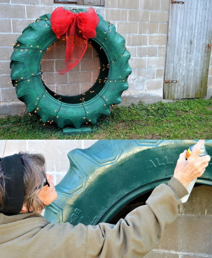 Hillbilly Christmas Wreath | Best Recycled Tire Christmas Decoration Ideas | FarmFoodFamily.com