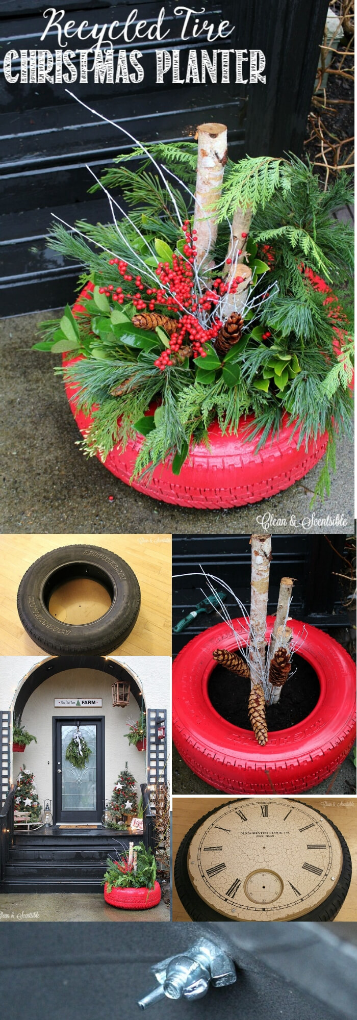 Recycled Tire Christmas Planter | Best Recycled Tire Christmas Decoration Ideas | FarmFoodFamily.com
