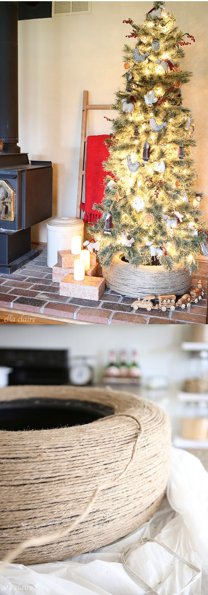 DIY Jute Wrapped Tire Christmas Tree Stand | Best Recycled Tire Christmas Decoration Ideas | FarmFoodFamily.com