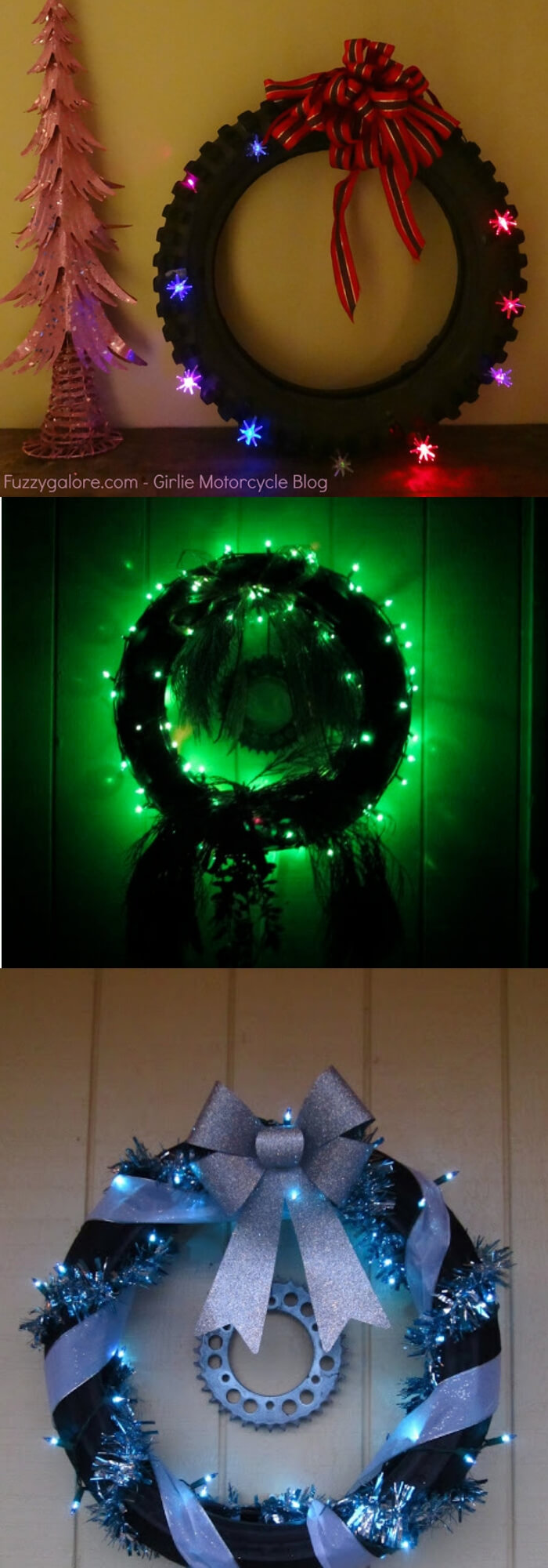 Knobby Tire Christmas wreath | Best Recycled Tire Christmas Decoration Ideas | FarmFoodFamily.com