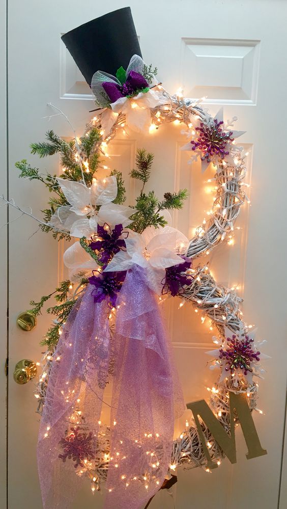 Winter snowman wreath in Purple | Christmas Door and Window Lighting Decorating Ideas