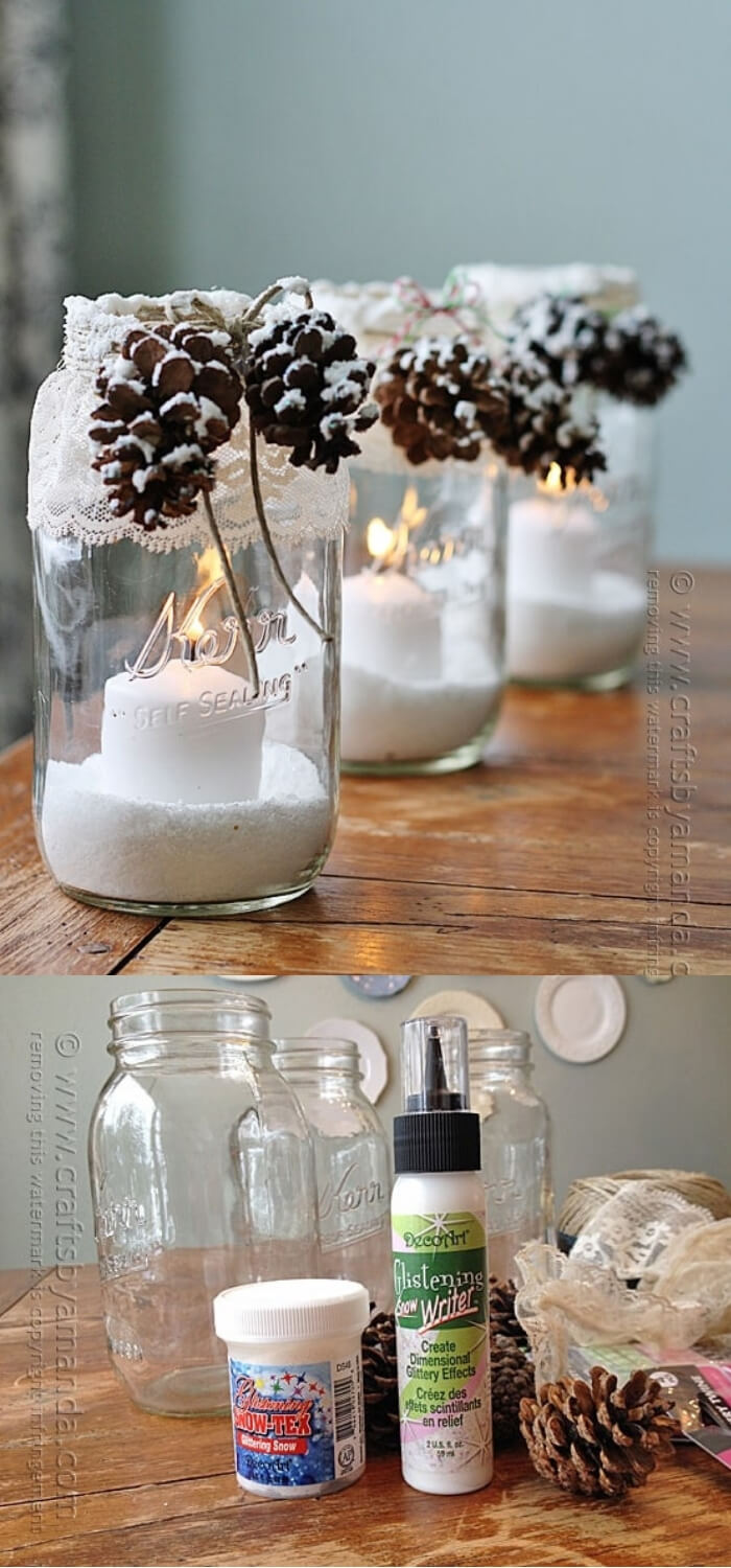 Snowy Pinecone Candle Jars | Christmas Spirit Jars Ideas | FarmFoodFamily.com