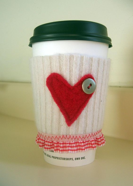 Red Heart and Gingham Coffee Cozy Sleeve | Environmentally-Friendly Valentine's Day Gifts