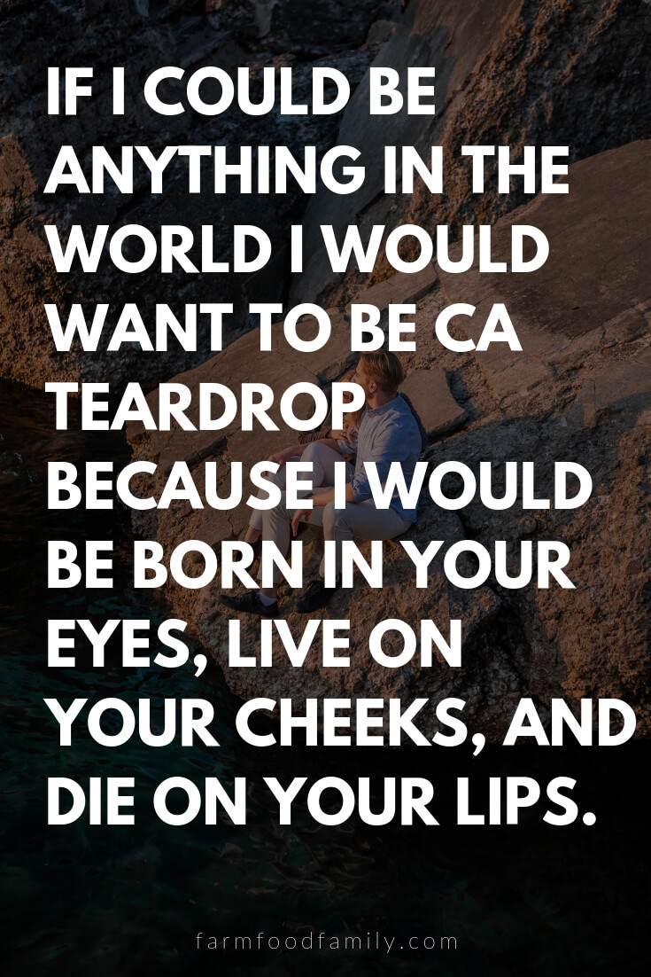Cute, Funny, and Sweet Love Quotes For Him | If I could be anything in the world I would want to be ca teardrop because I would be born in your eyes, live on your cheeks, and die on your lips.