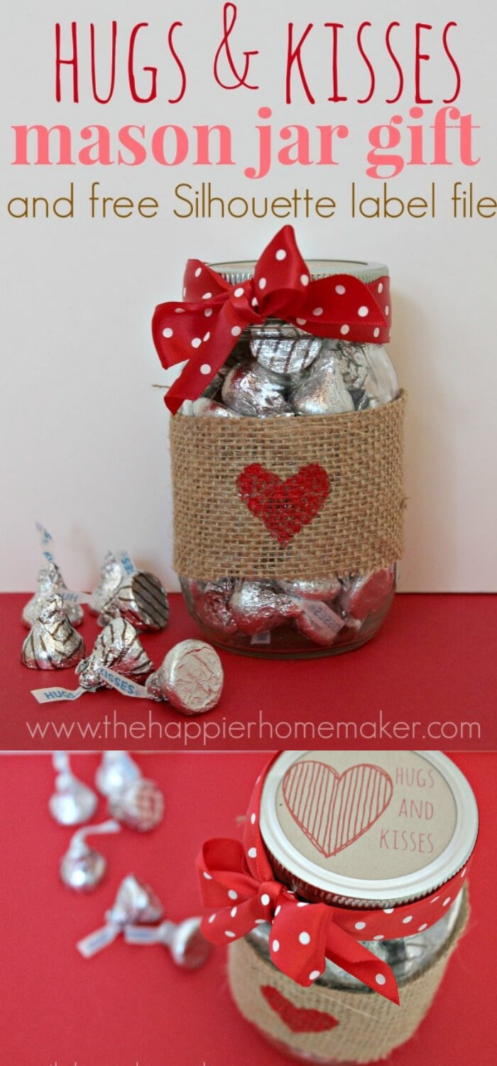 Hugs and Kisses Mason Jar Gift | DIY Mason Jar Gift Ideas For Valentine's Day | FarmFoodFamily.com