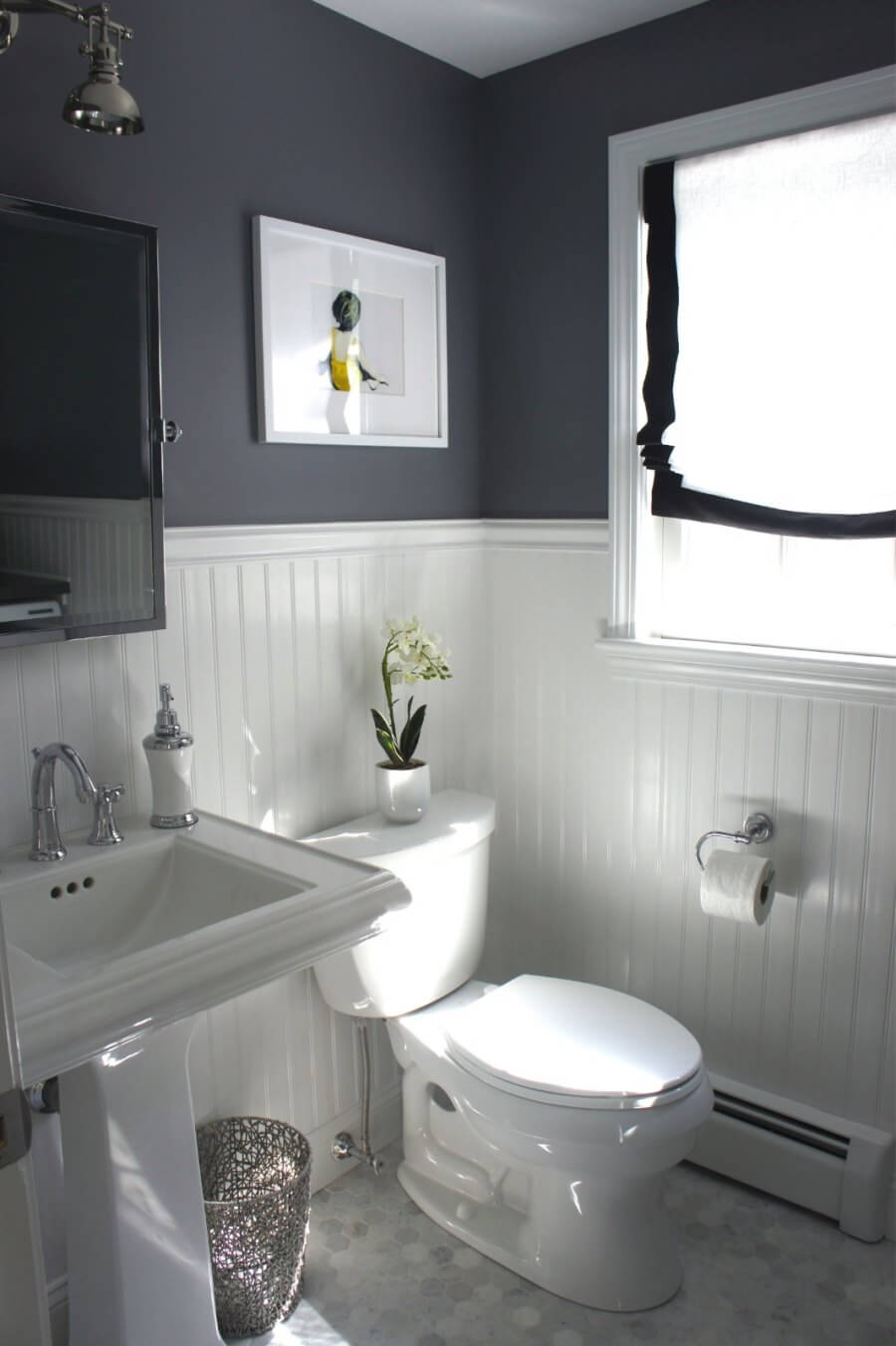 Beadboard paneling in a grey bathroom | Bathroom Wainscoting: Beadboard Panels in the Bathroom Design | FarmFoodFamily.com
