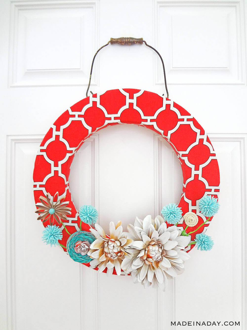 Red Canvas Spring Wreath Spray Painted Silk Flowers