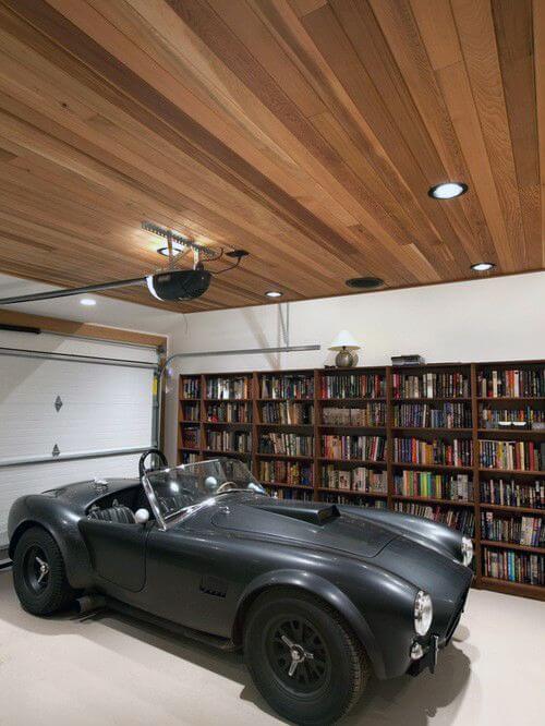 Led Lights For Garage With Wood Panel Ceiling Design | Best Garage Lighting Designs & Ideas
