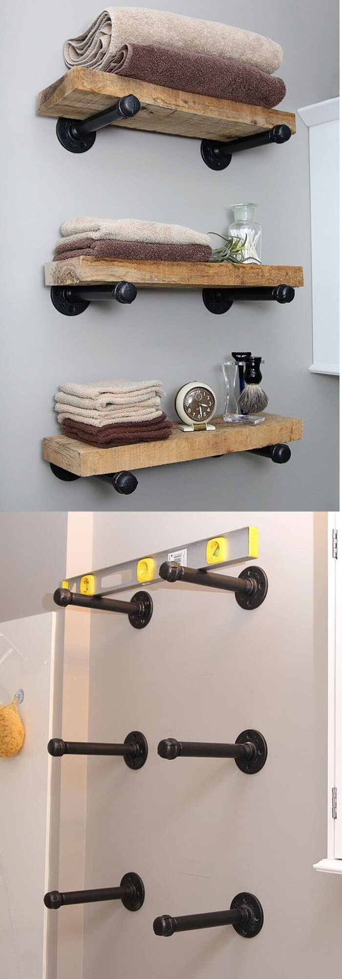 Pipe and wood shelves | Best Over the Toilet Storage Ideas for Bathroom