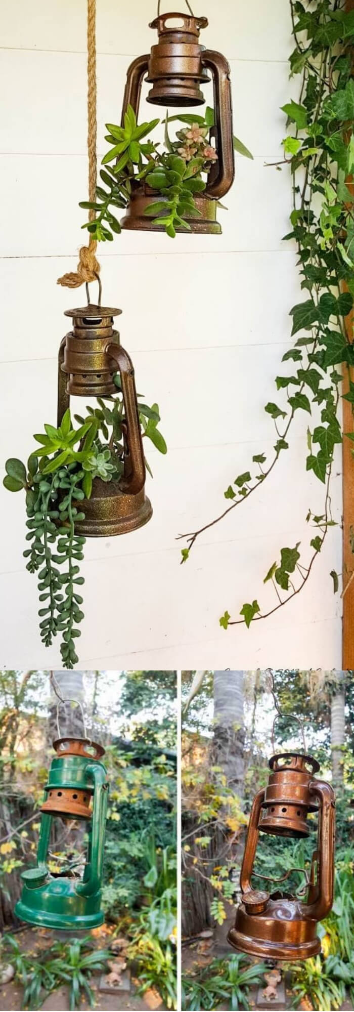 Lantern planters with succulents | Trending & Vintage Porch Lighting Ideas & Designs | FarmFoodFamily.com