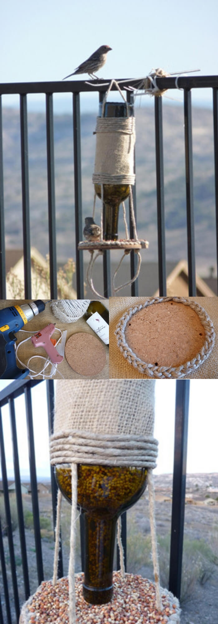 DIY wine bottle bird feeder