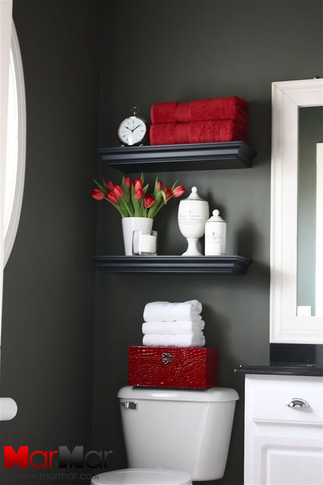 Black and red shelves | Best Over the Toilet Storage Ideas for Bathroom