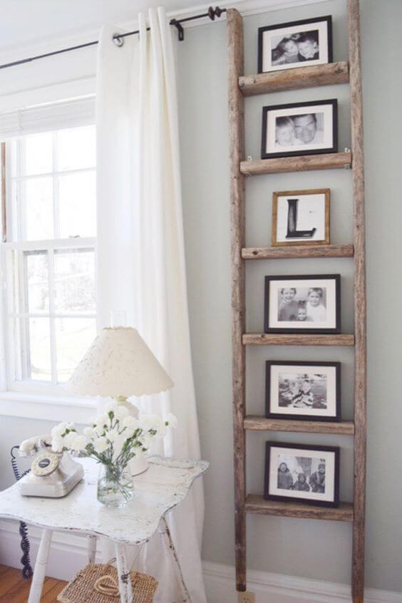 Wooden Ladder Photo Frames | Best Farmhouse Living Room Decor & Design Ideas