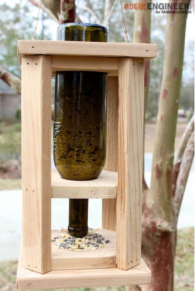 wine bottle bird feeder from leftover cedar