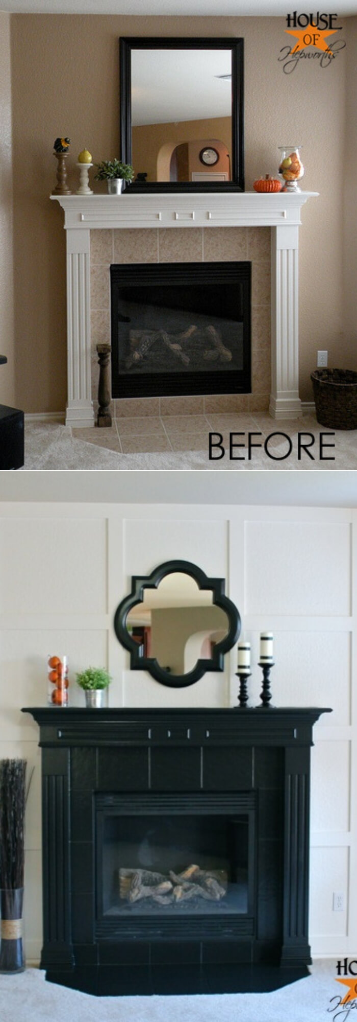 White moulding & black mantel fireplace makeover