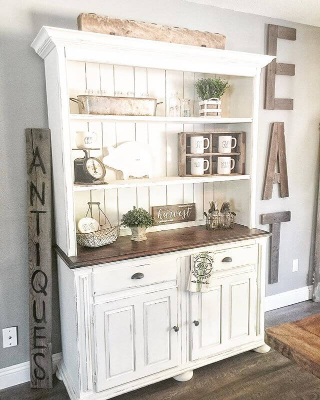 White Hutch and Cupboard (Used country chic chalk paint in vanilla frosting) | Inspiring Farmhouse Kitchen Design & Decor Ideas