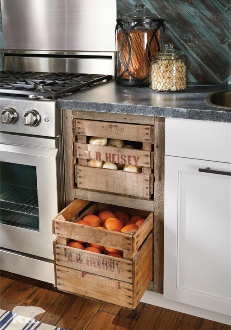Wooden boxes for fruits and vegetables | Inspiring Farmhouse Kitchen Design & Decor Ideas