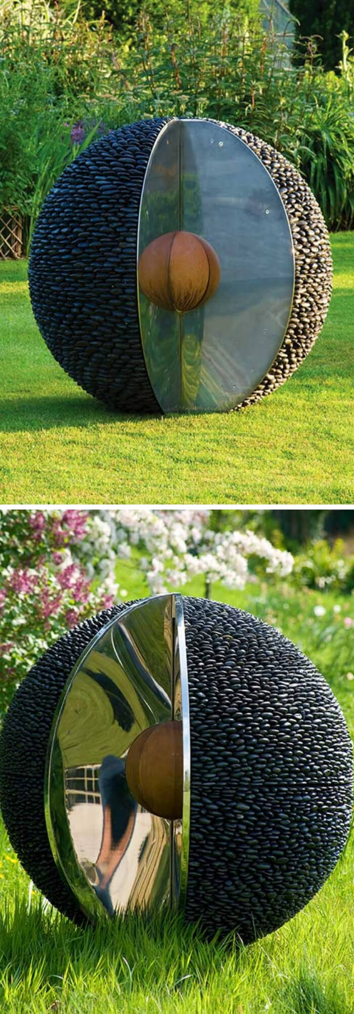 Black Stone Outdoor Spheres with Stainless Steel | Best DIY Garden Globe Ideas & Designs