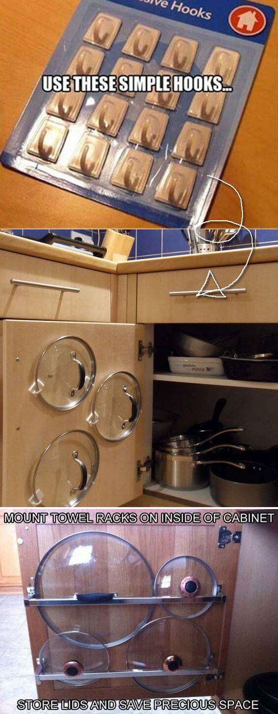 Use Adhesive Hooks to Store pots, pans on Cabinet Doors
