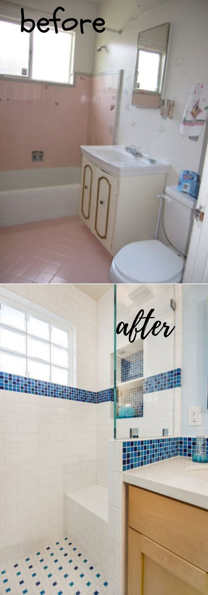 Upgrade a Small Bathroom (Glass block windows, Starphire glass shower panes and bright white and blue tile)