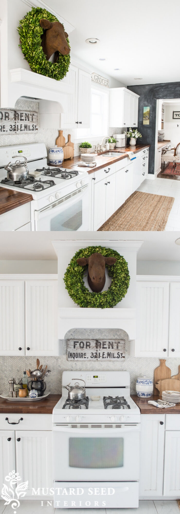 White cabinets with dark counters | Inspiring Farmhouse Kitchen Design & Decor Ideas
