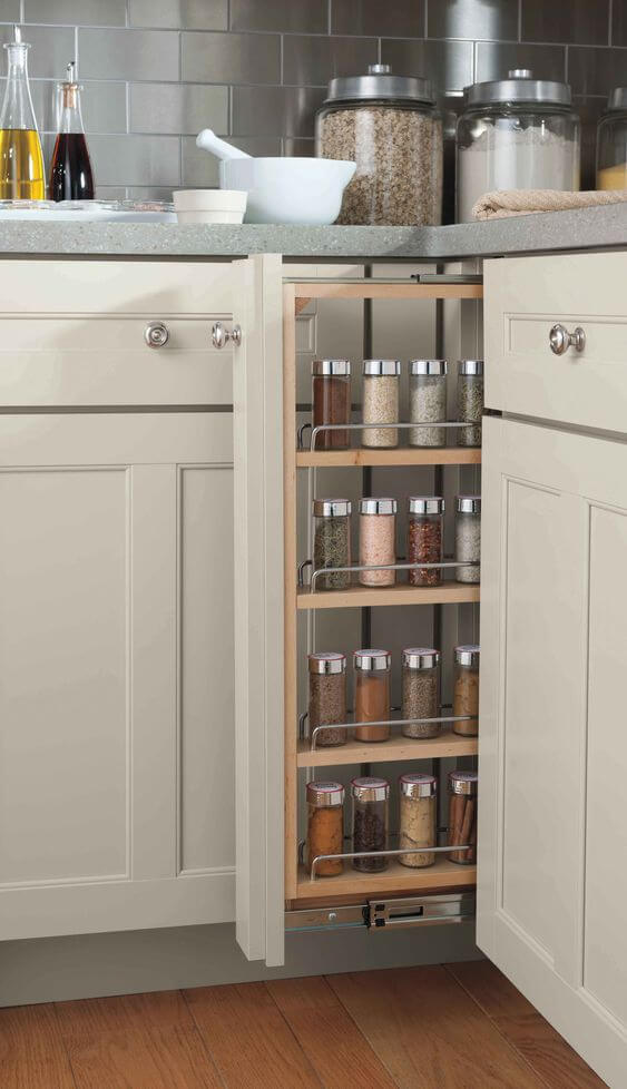 Store spices with a narrow cabinet pull out