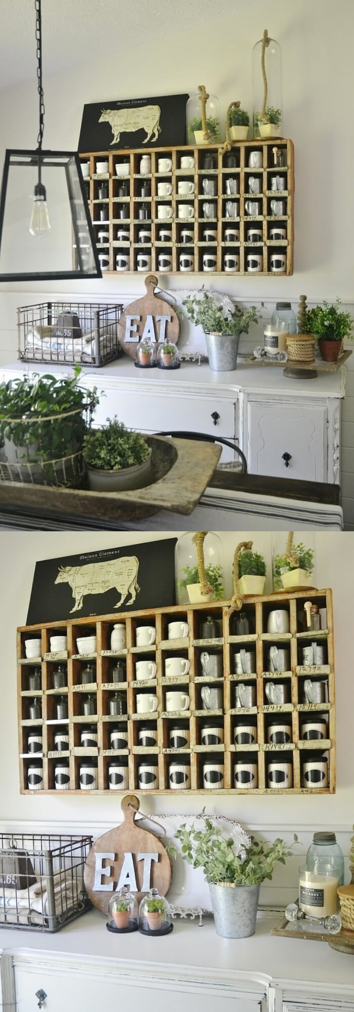 Cubbies with black & white spice jars | Stunning Farmhouse Dining Room Design & Decor Ideas