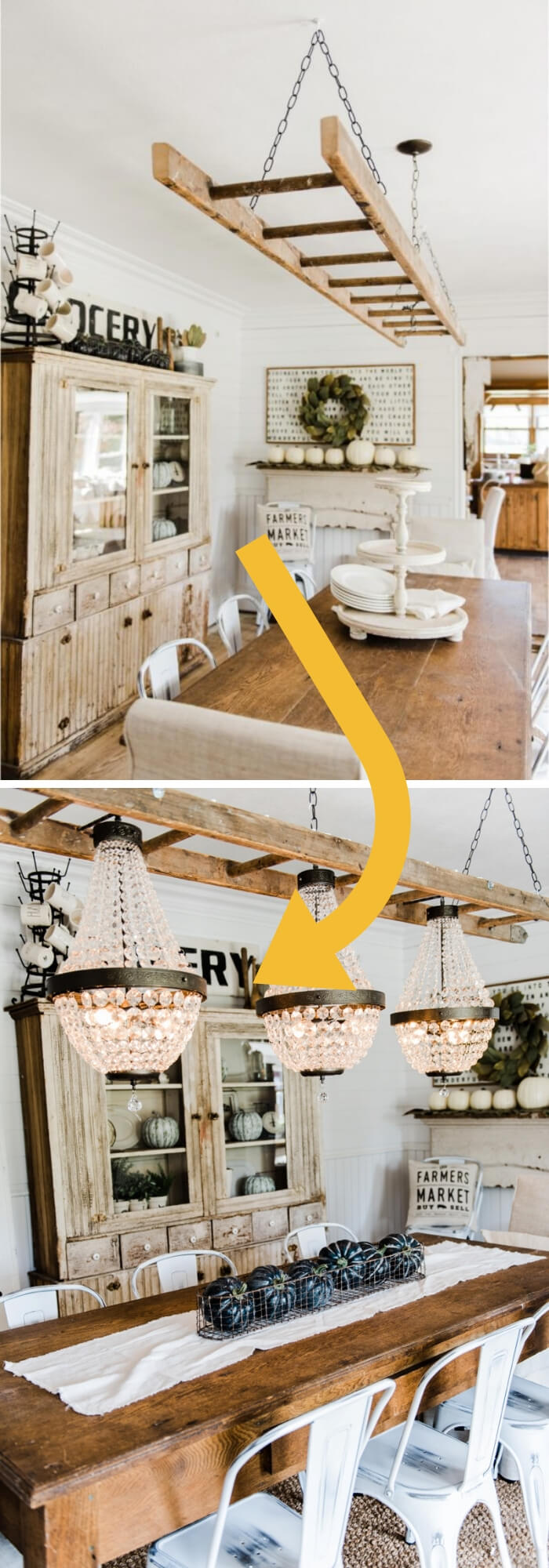 Turn a ladder into a light fixture | Stunning Farmhouse Dining Room Design & Decor Ideas
