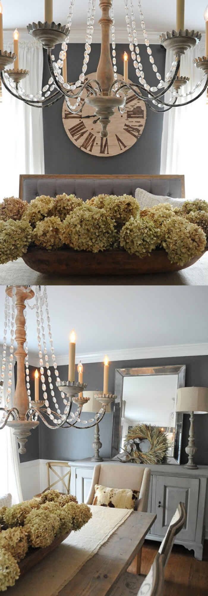 Dried hydrangeas into our antique dough bowl | Stunning Farmhouse Dining Room Design & Decor Ideas