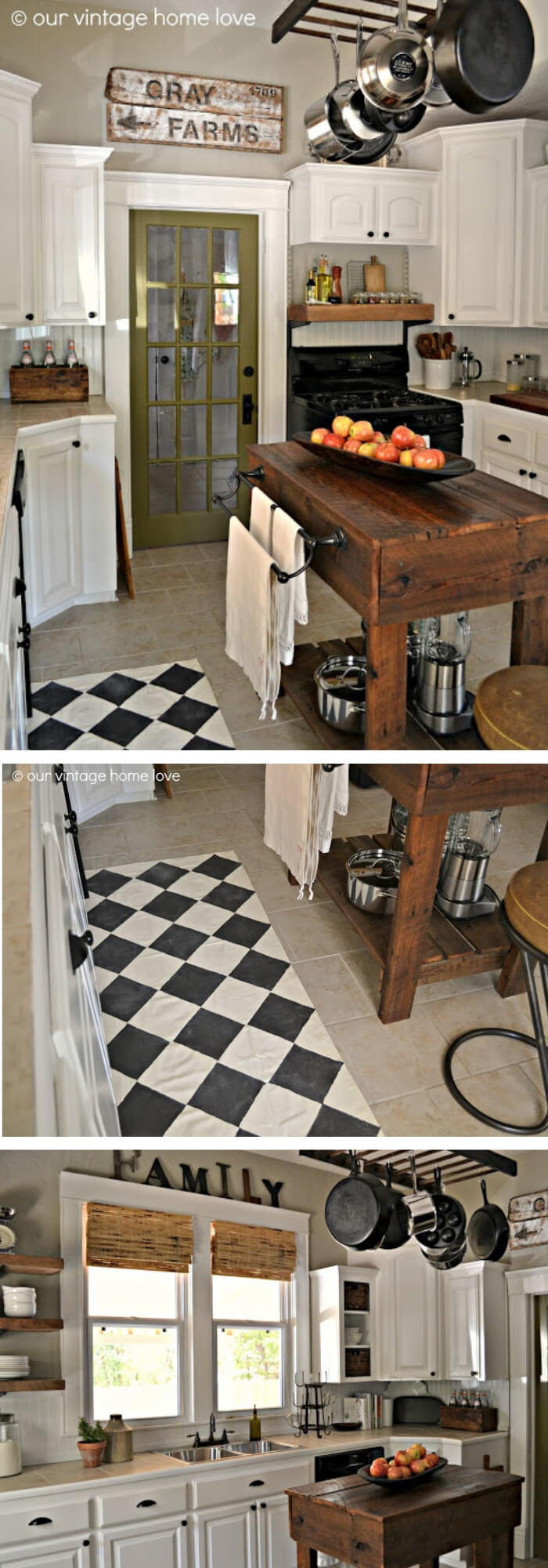 Dark wood Kitchen Island with a floor cloth in front of the sink | Inspiring Farmhouse Kitchen Design & Decor Ideas