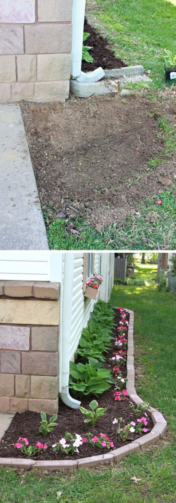 Flower bed under the downspout | Best Downspout landscaping ideas