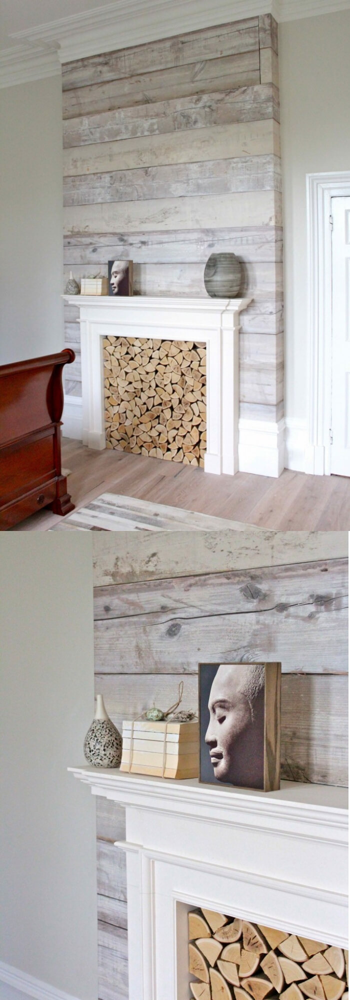 Fireplace with white wood wall