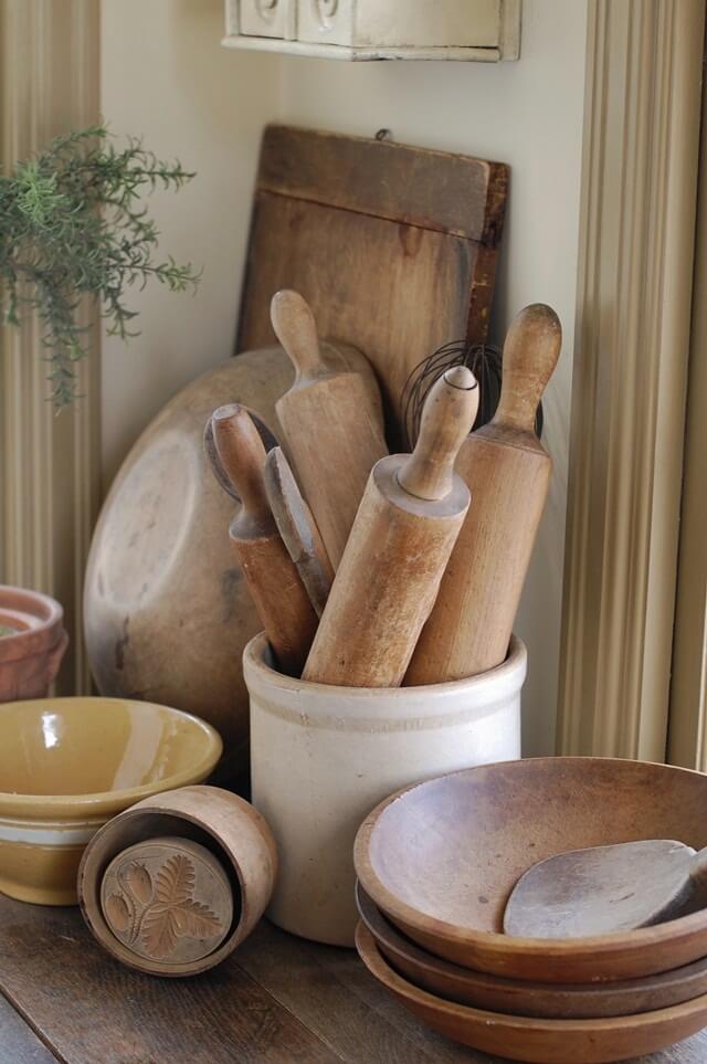 Wooden bowls, stoneware crocks full of rolling pins | Inspiring Farmhouse Kitchen Design & Decor Ideas
