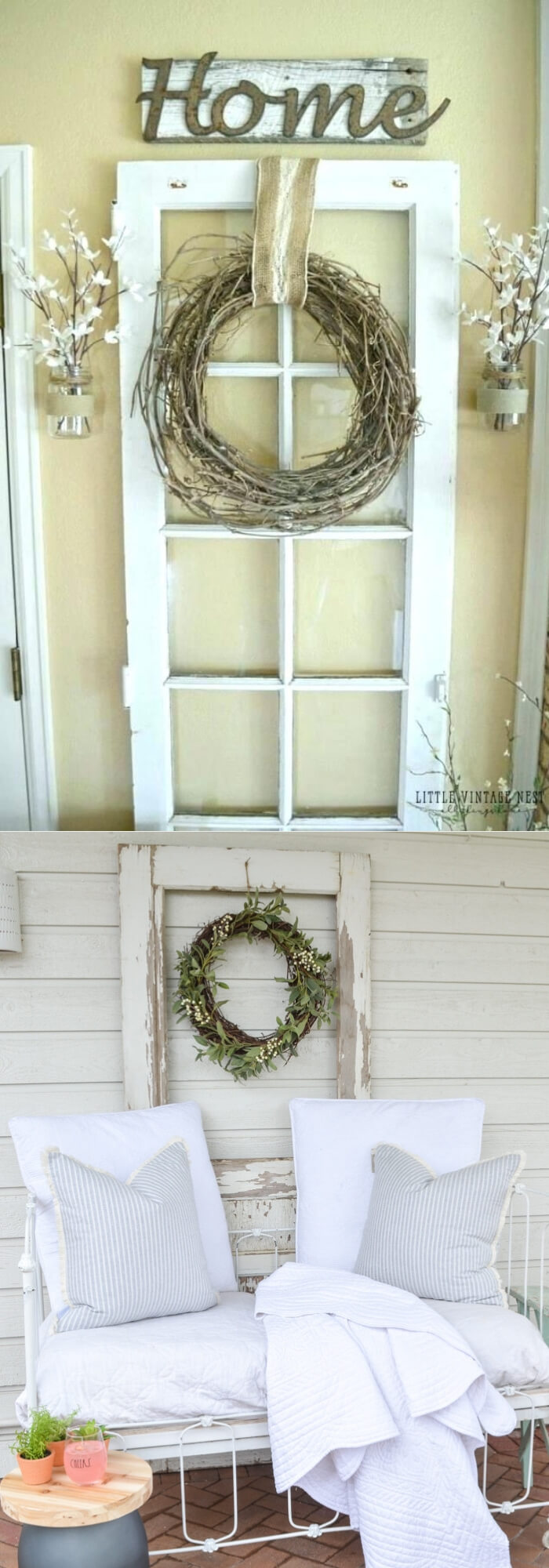 An old door decor with a twisted dry branch wreath | Stunning Farmhouse Dining Room Design & Decor Ideas