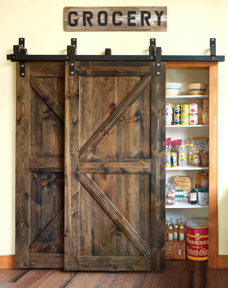 Wood Barn Doors with a vintage 'Grocery' sign | Inspiring Farmhouse Kitchen Design & Decor Ideas