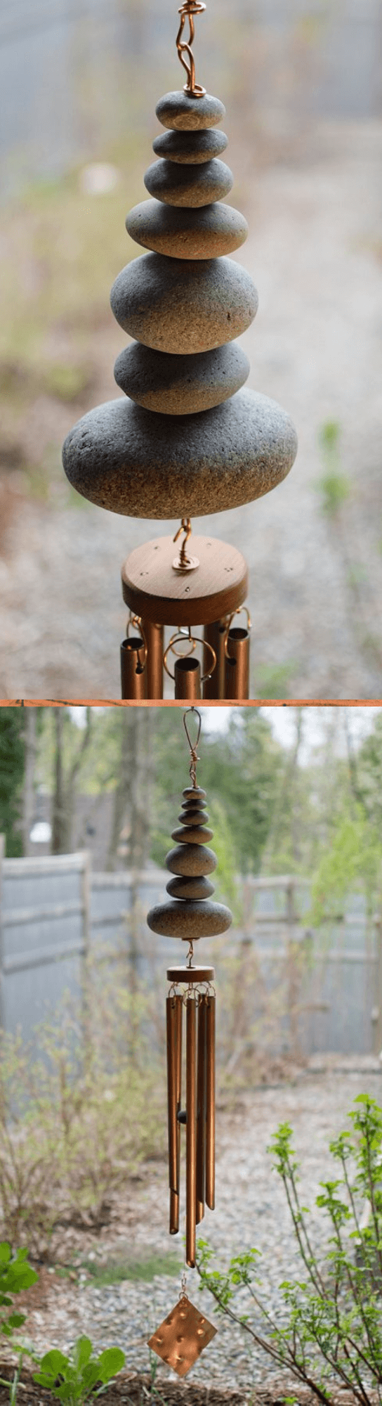 Wind Chime Outdoor Large Copper Beach Stones Handcrafted