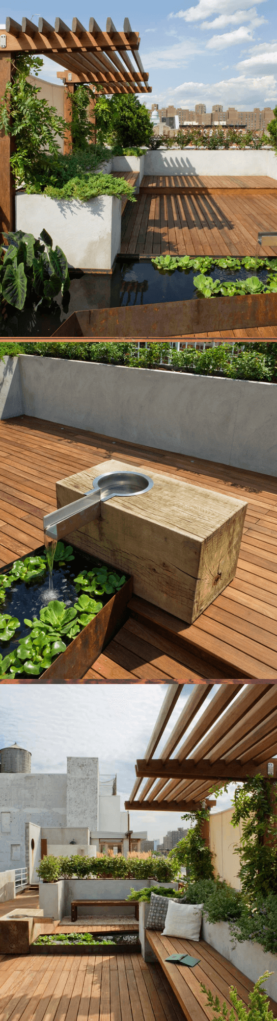 A traditional full sun rooftop water fountain landscape