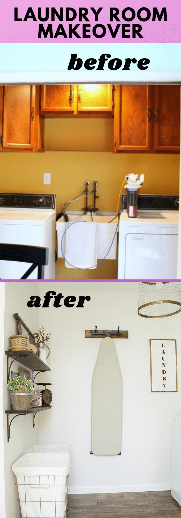 Rustic industrial laundry room: Wood shelf with a lot of fun accessories and hampers for laundry bins