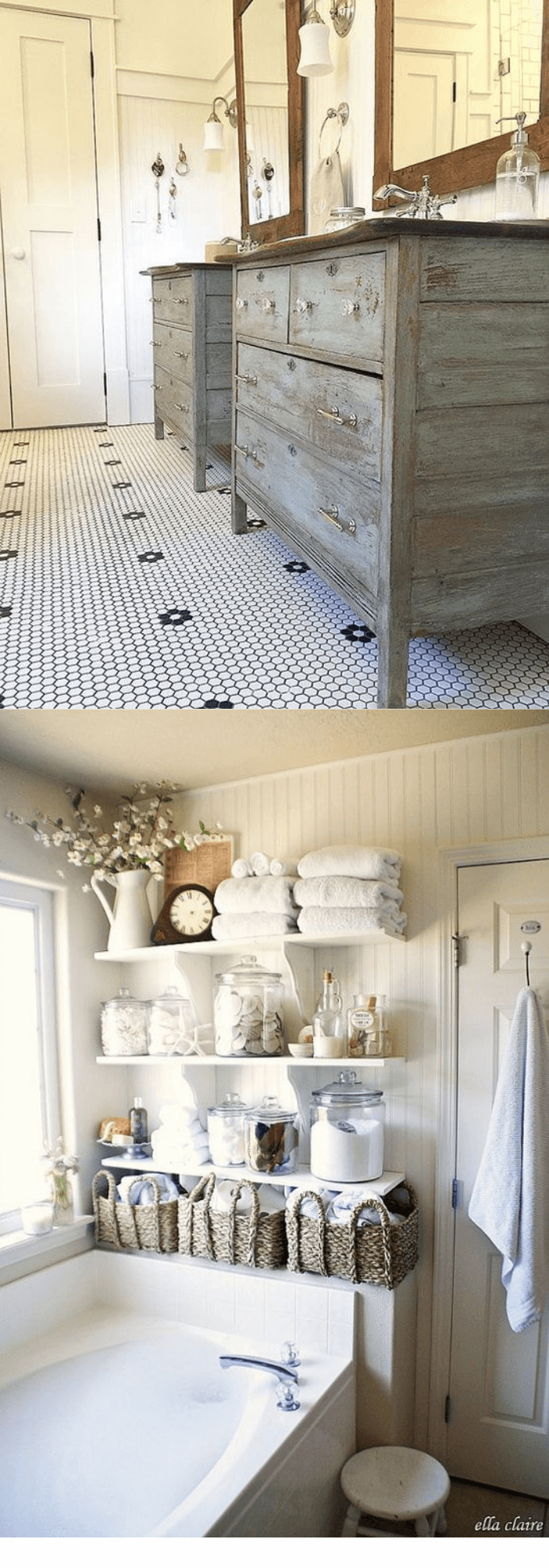 Charming Cottage Style Bathroom Ideas Double converted vanities, tile floor, painted side tables and shelves
