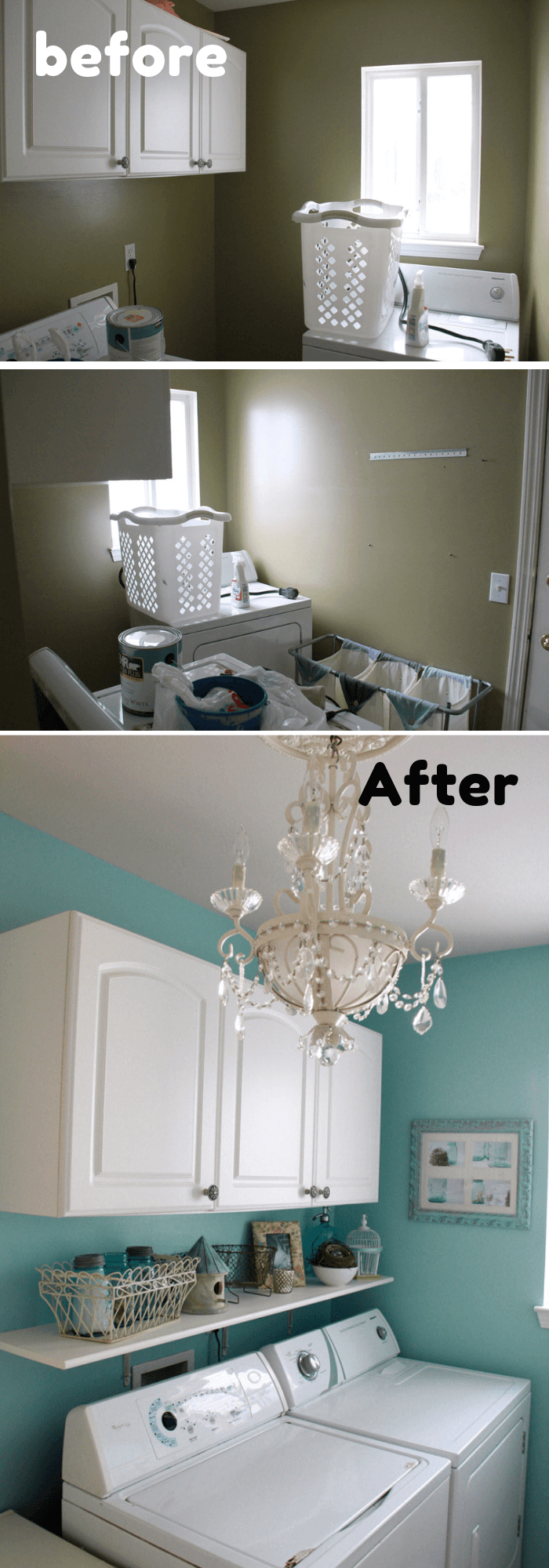 Fairytale Turquoise Laundry Room with a Light Fixture