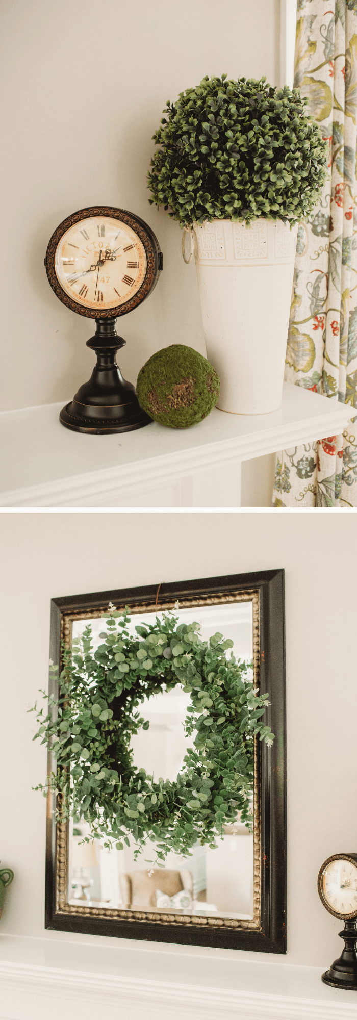 Summer Farmhouse Decor Ideas & Designs Pressed-tin vase with a faux boxwood ball for fireplace