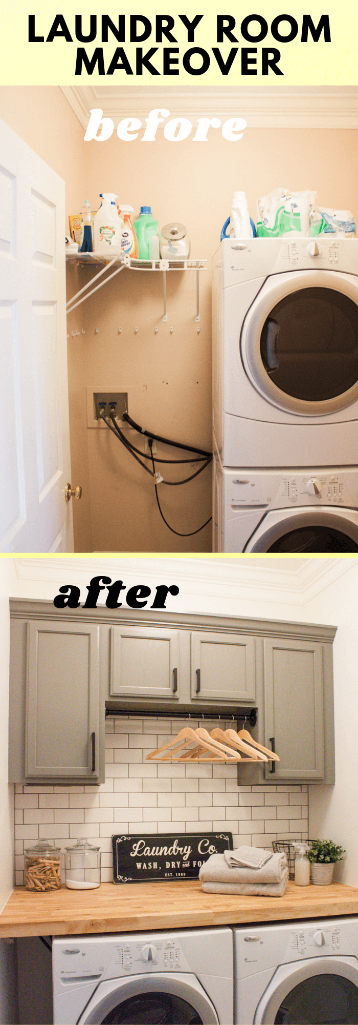 Modern farmhouse laundry makeover: A counter top to fold clothes and laundry baskets
