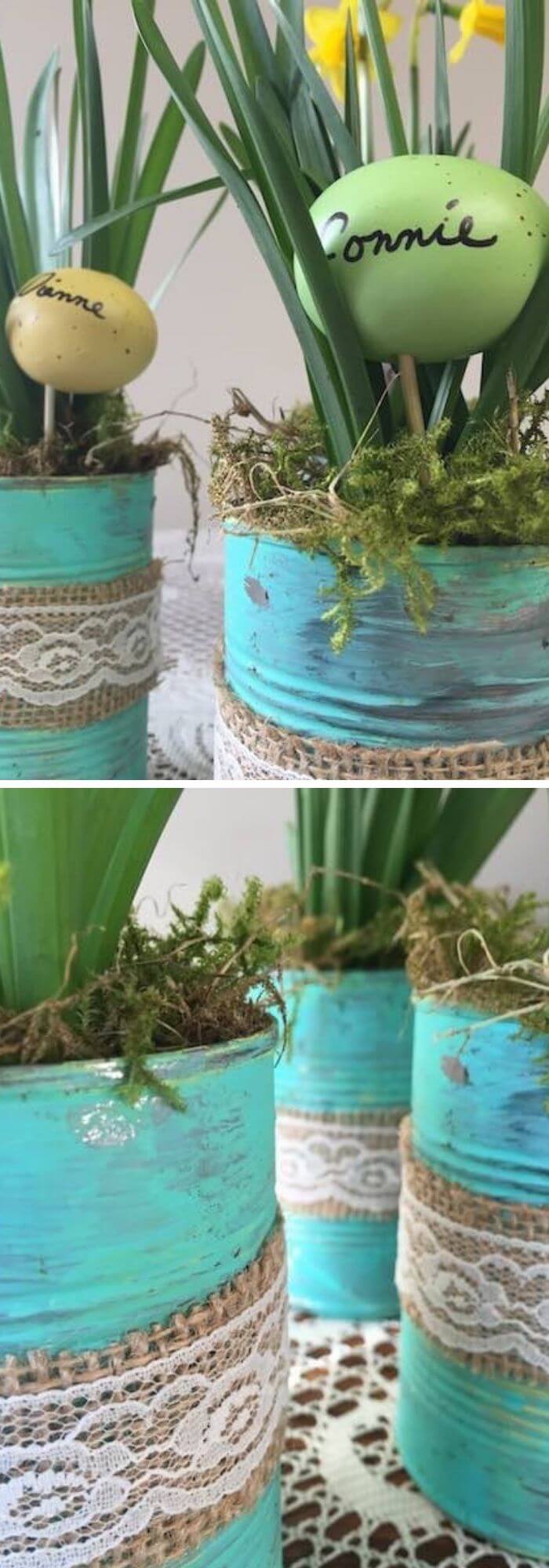 Tin Can Planters With Easter Eggs