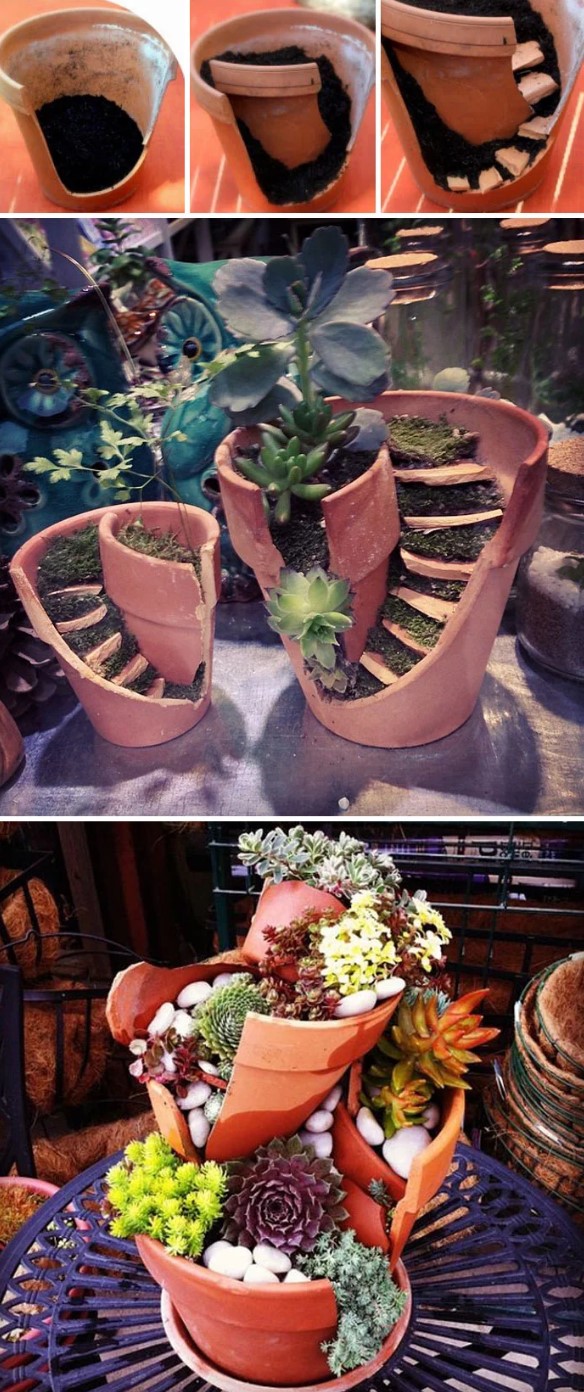 Flower pot broke and repaired creatively