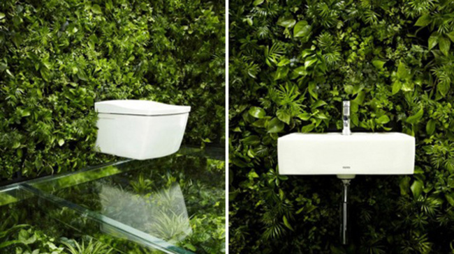 bathroom attached to a wall with plants