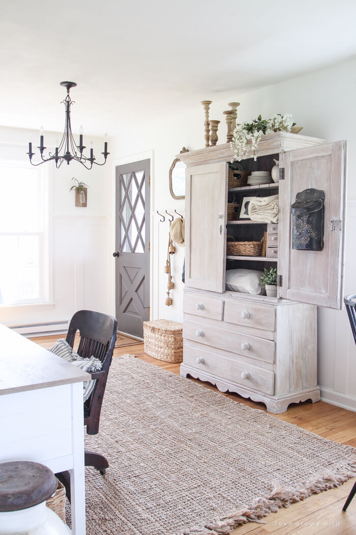 A vintage light fixtures with an armoire