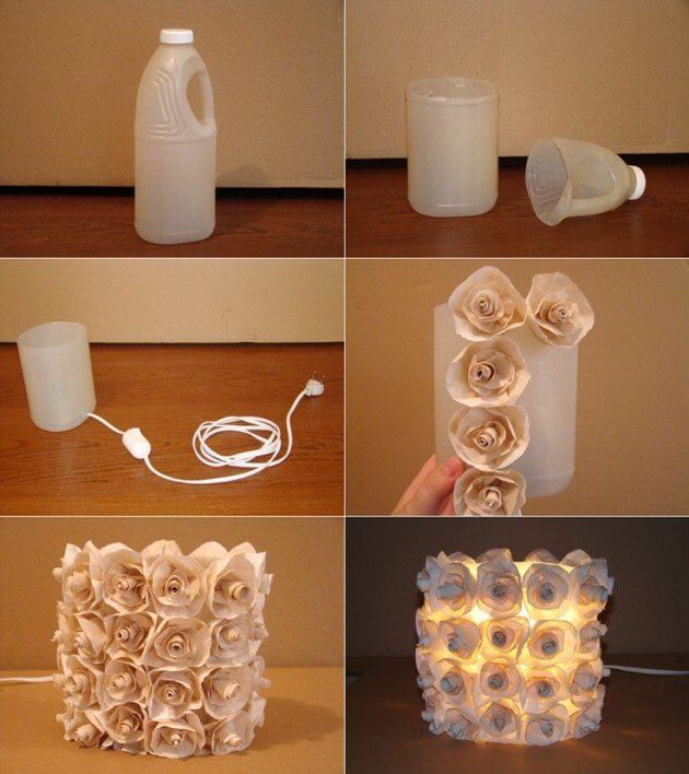 Plastic bottle lamp with paper roses