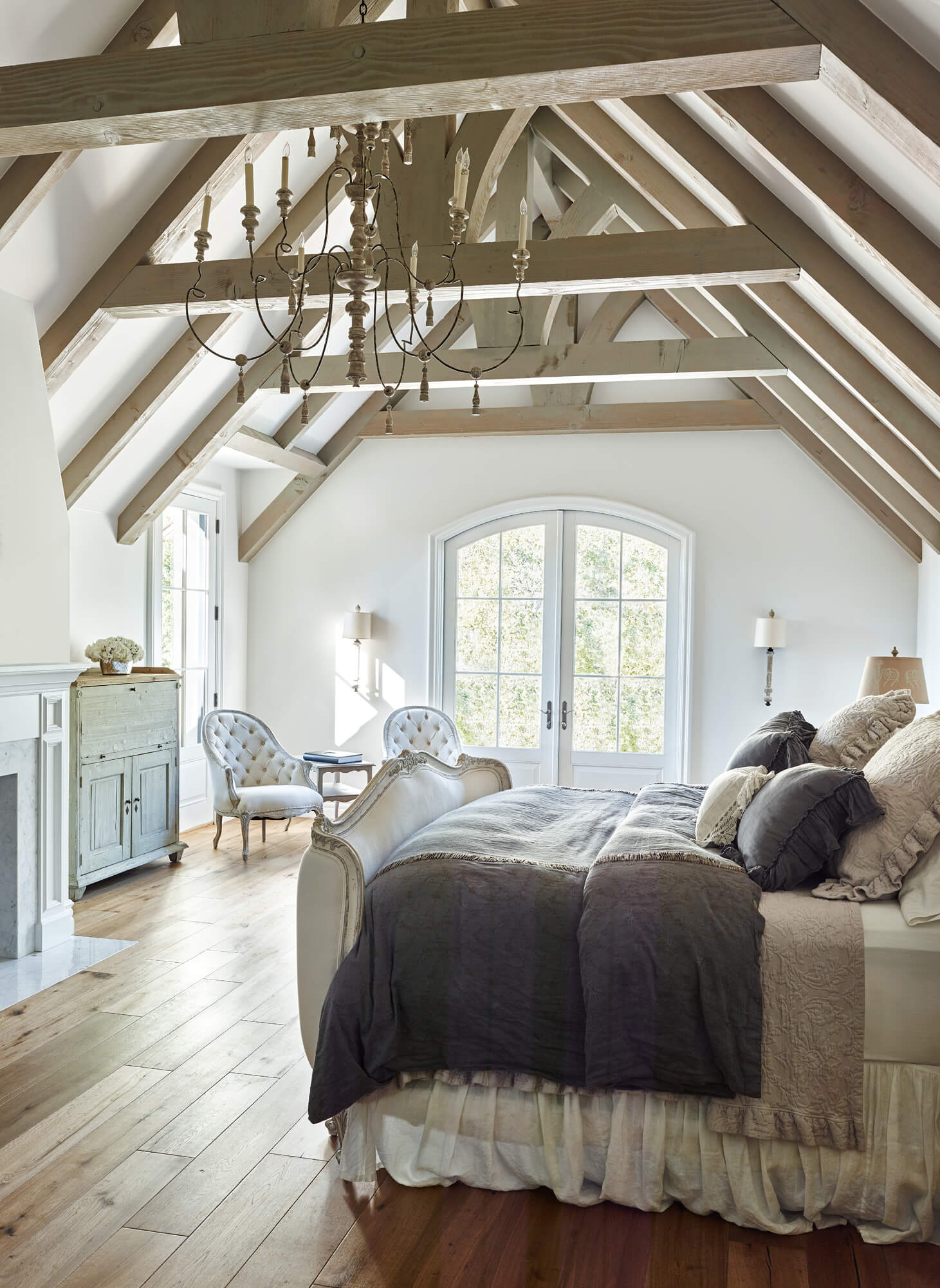 Chandelier and exposed beams
