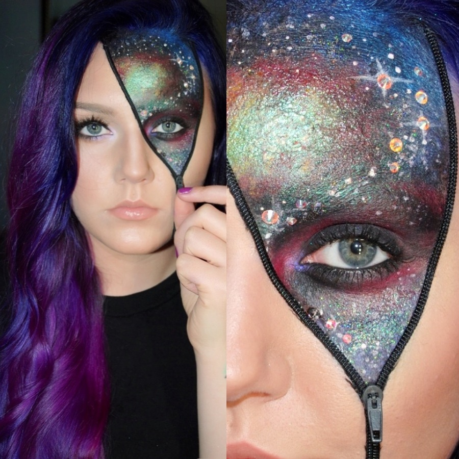 Girl with halloween makeup with a zipper and half of the face like a galaxy